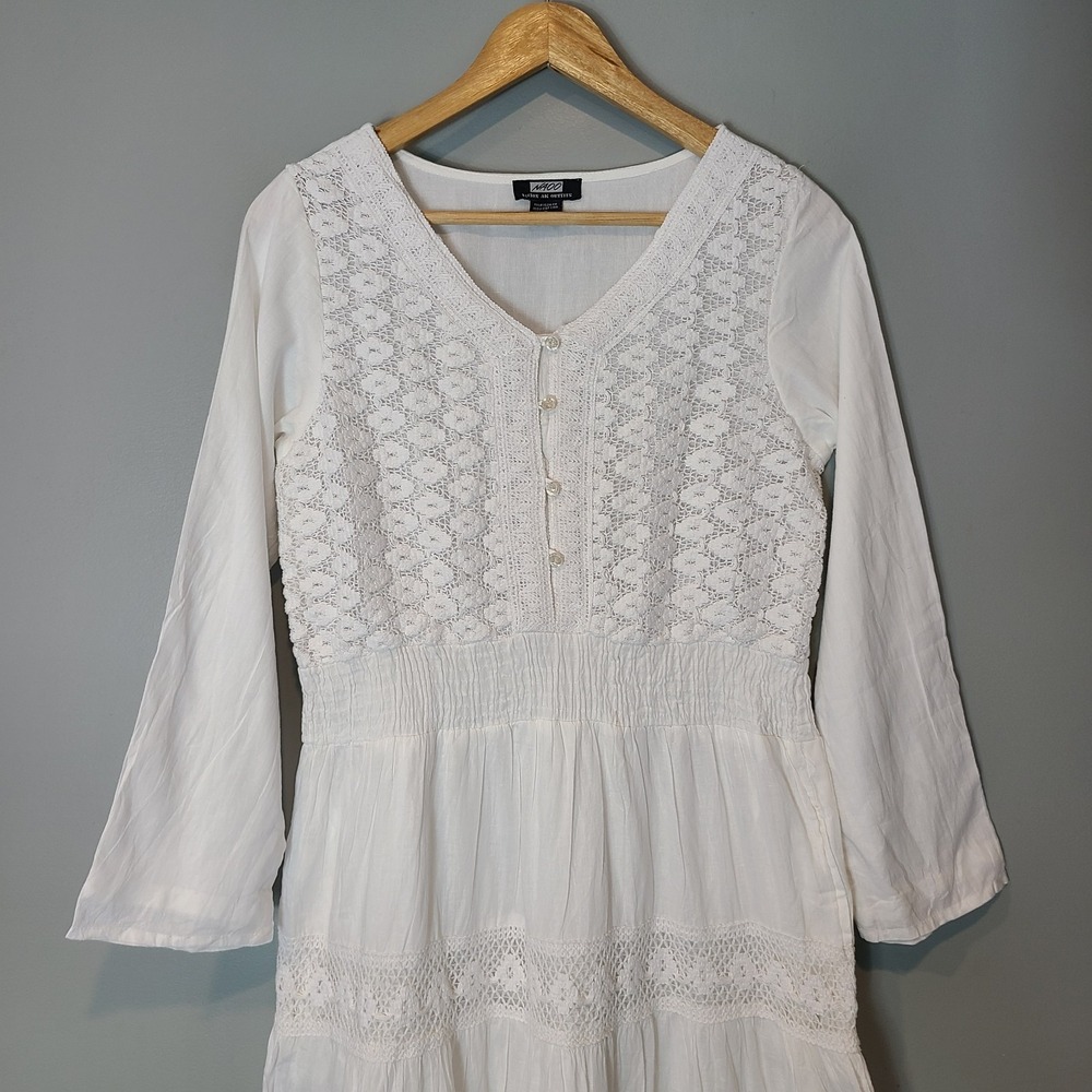 NAOO Cotton White Crochet Lace Tiered Flowy Boho Cottage Maxi Dress Sz M Resort - Picture 2 of 11